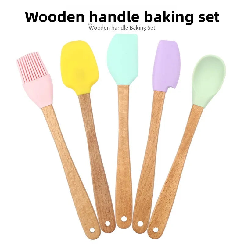 Juego de utensilios de cocina de silicona con mango de madera, 5 uds., raspador, cepillo, cuchara, herramientas para hornear para niños