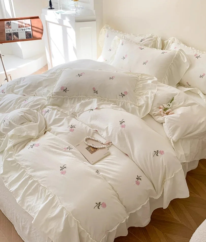 Juego de funda nórdica bordada con rosas de 3 piezas (1 funda nórdica + 2 fundas de almohada, sin núcleo), juego de cama de encaje estilo princesa