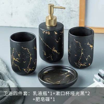 Juego de accesorios de baño de cerámica de mármol negro, dispensador de jabón/soporte para cepillos de dientes, bandeja, suministros para el hogar