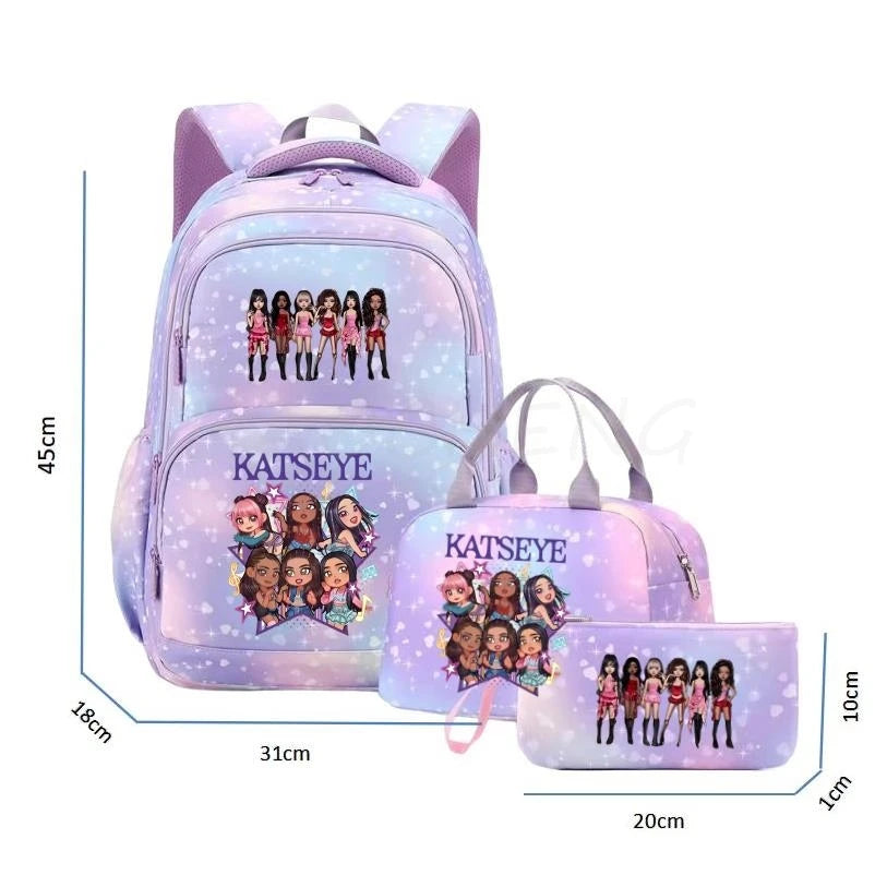 Mochila Katseye para mujer, 3 unidades/juego, mochila escolar para estudiantes, mochila de viaje al aire libre de gran capacidad, mochila escolar para estudiantes con dibujos animados