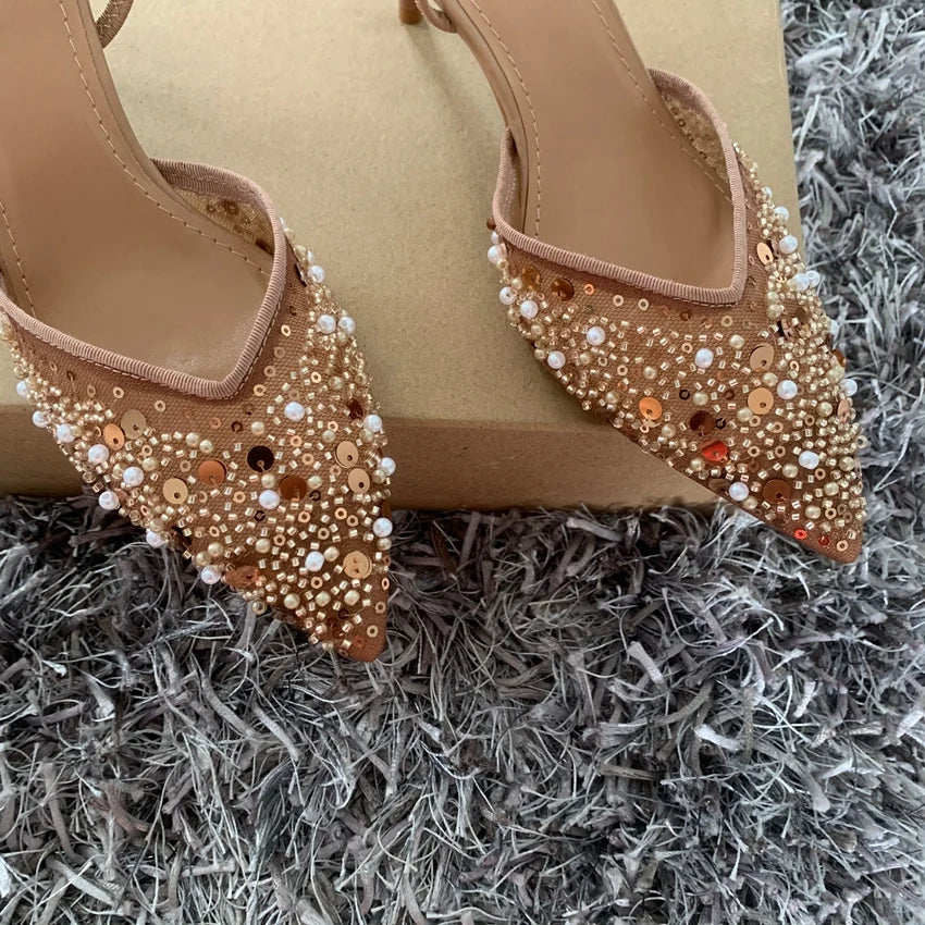 Zapatos de fiesta formales de tacón alto a la moda para mujer, sandalias modernas de lujo con lentejuelas y perlas de aguja Elengat de malla