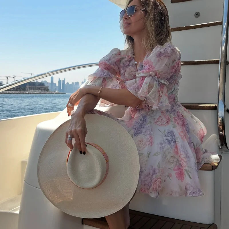 Vestido corto de gasa rosa dulce para mujer, moda con flores en 3D, manga abombada grande, cuello en V, cintura alta, línea A, Vestidos en capas, batas de señora nueva
