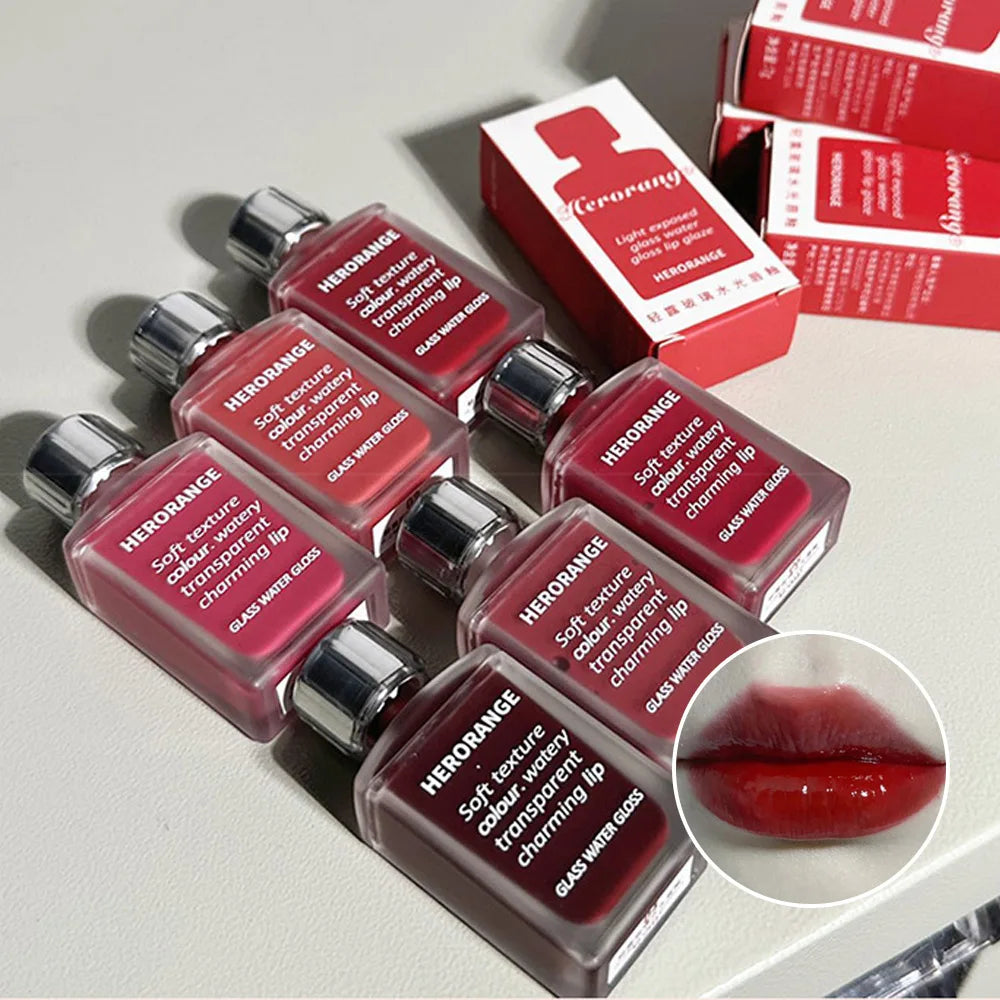 Brillo de agua de vidrio ligeramente, esmalte de labios Herorange, espejo hidratante, labios regordetes, no es fácil de pegar en la taza, maquillaje de larga duración