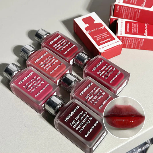 Brillo de agua de vidrio ligeramente, esmalte de labios Herorange, espejo hidratante, labios regordetes, no es fácil de pegar en la taza, maquillaje de larga duración