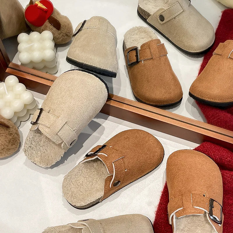 2025 niños niñas invierno cálido felpa corcho cama piel zuecos zapatillas señora peluda casa pisos zapatillas de algodón