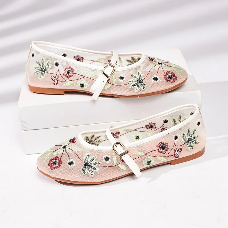Zapatos Mary Jane de malla con bordado floral de primavera para mujer, zapatos con correa y hebilla concisa, zapatos de suela suave, zapatos planos de ballet transpirables para mujer