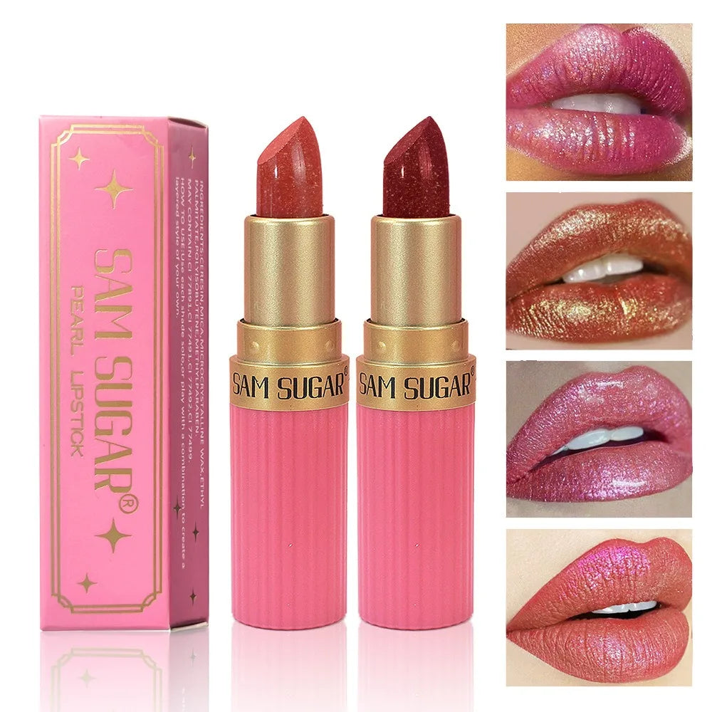Lápiz Labial Rojo Chocolate Diamante, Lápiz Labial de Terciopelo con Brillo Perlado, Brillo Labial Metálico Brillante a Prueba de Agua, Maquillaje de Larga Duración