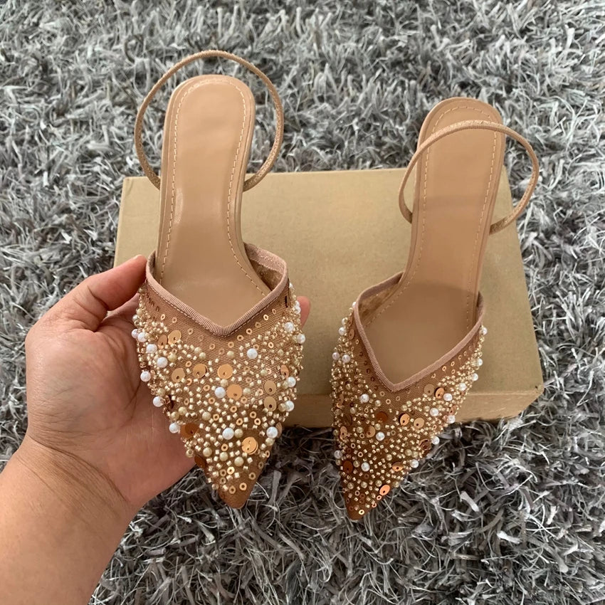 Zapatos de fiesta formales de tacón alto a la moda para mujer, sandalias modernas de lujo con lentejuelas y perlas de aguja Elengat de malla