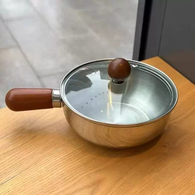 Olla para leche de acero inoxidable con mango de madera, olla compacta para cocinar, adecuada para freír huevos y calentar leche