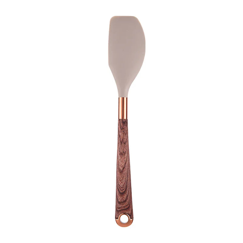 LMETJMA Juego de utensilios de cocina de silicona, 10 Uds., utensilio de cocina con soporte para utensilios, asas de patrón de madera, utensilios de cocina antiadherentes JT264