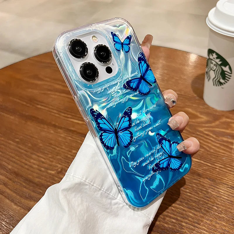 Funda de teléfono de arena con plumas graduales plateadas y mariposas de lujo para iPhone 16 15 14 13 12 11 Pro Max X XR 7 8 Plus, funda con cordón