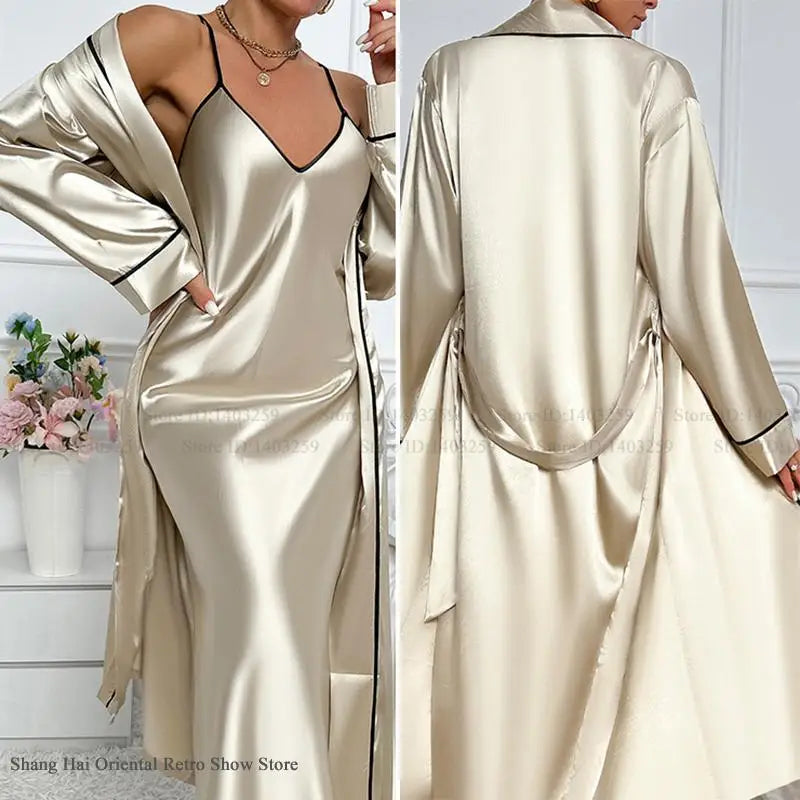 Conjunto de bata larga Sexy para mujer, camisón Chemise, ropa de dormir de satén de seda para verano, vestido para casa, ropa de dormir, ropa de salón holgada, lencería