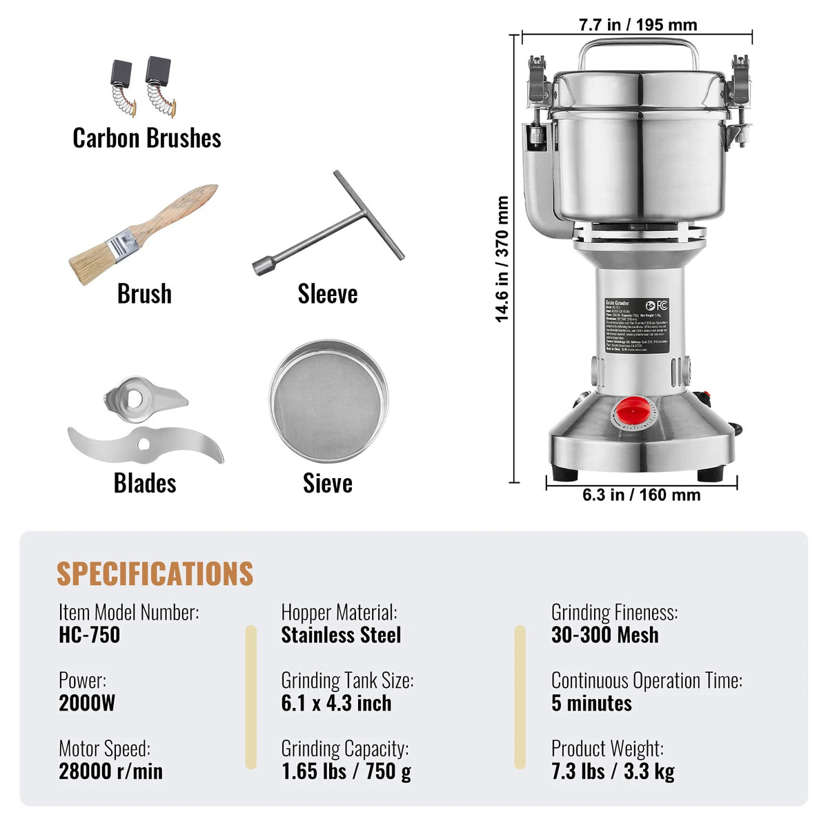 SucceBuy-molinillo de granos eléctrico, molinillos de especias oscilantes comerciales para hierbas secas, granos, especias, cereales, café y maíz, 150-2500g