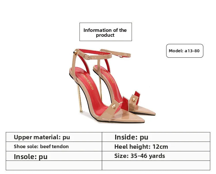 Sandalias de tacón alto con punta estrecha y decoración de Metal para mujer, zapatos de tacón súper alto con correa y hebilla de PU, zapatos de tacón para actuación en escenario de 12cm