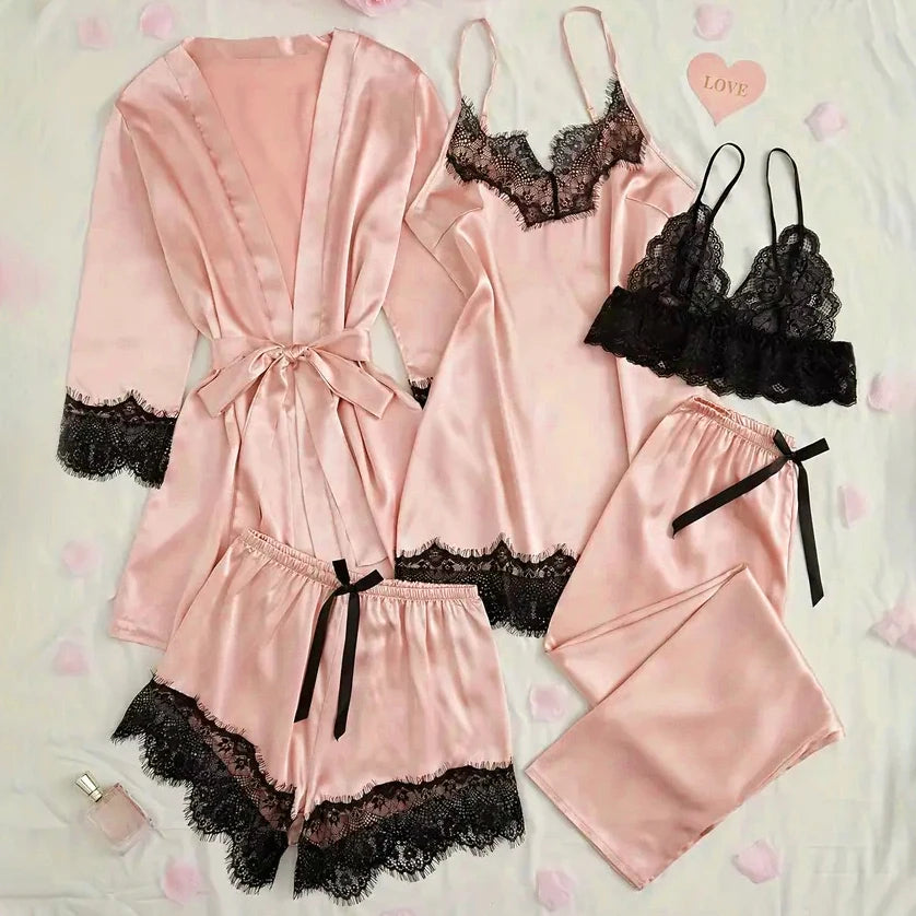 Conjunto de pijama de satén para mujer, lencería Sexy rosa, bata de baño de encaje de retazos, vestido de noche de seda, pantalones, ropa de dormir para el hogar