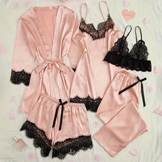 Conjunto de pijama de satén para mujer, lencería Sexy rosa, bata de baño de encaje de retazos, vestido de noche de seda, pantalones, ropa de dormir para el hogar