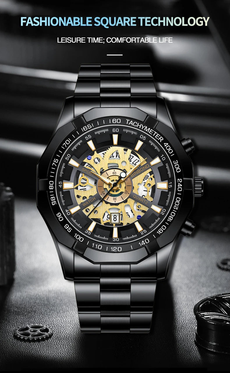 Relojes BINBONG de negocios para Hombre, Reloj de cuarzo luminoso con calendario resistente al agua para Hombre, Reloj de acero inoxidable para Hombre
