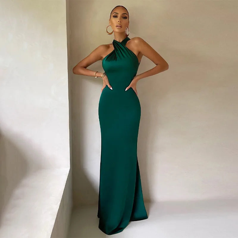 Vestidos de Fiesta Elegantes para Mujer, Vestido Maxi con Cuello Halter y Detalle Cruzado en la Parte Delantera, Vestido de Noche Ajustado