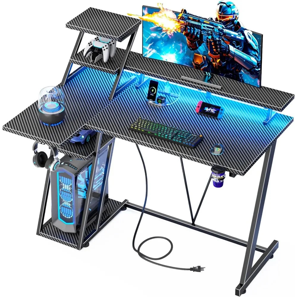 Escritorio para juegos premium de 39 pulgadas con luces LED y toma de corriente, escritorio pequeño para computadora para juegos con estantes de almacenamiento, trabajo para jugadores en forma de L
