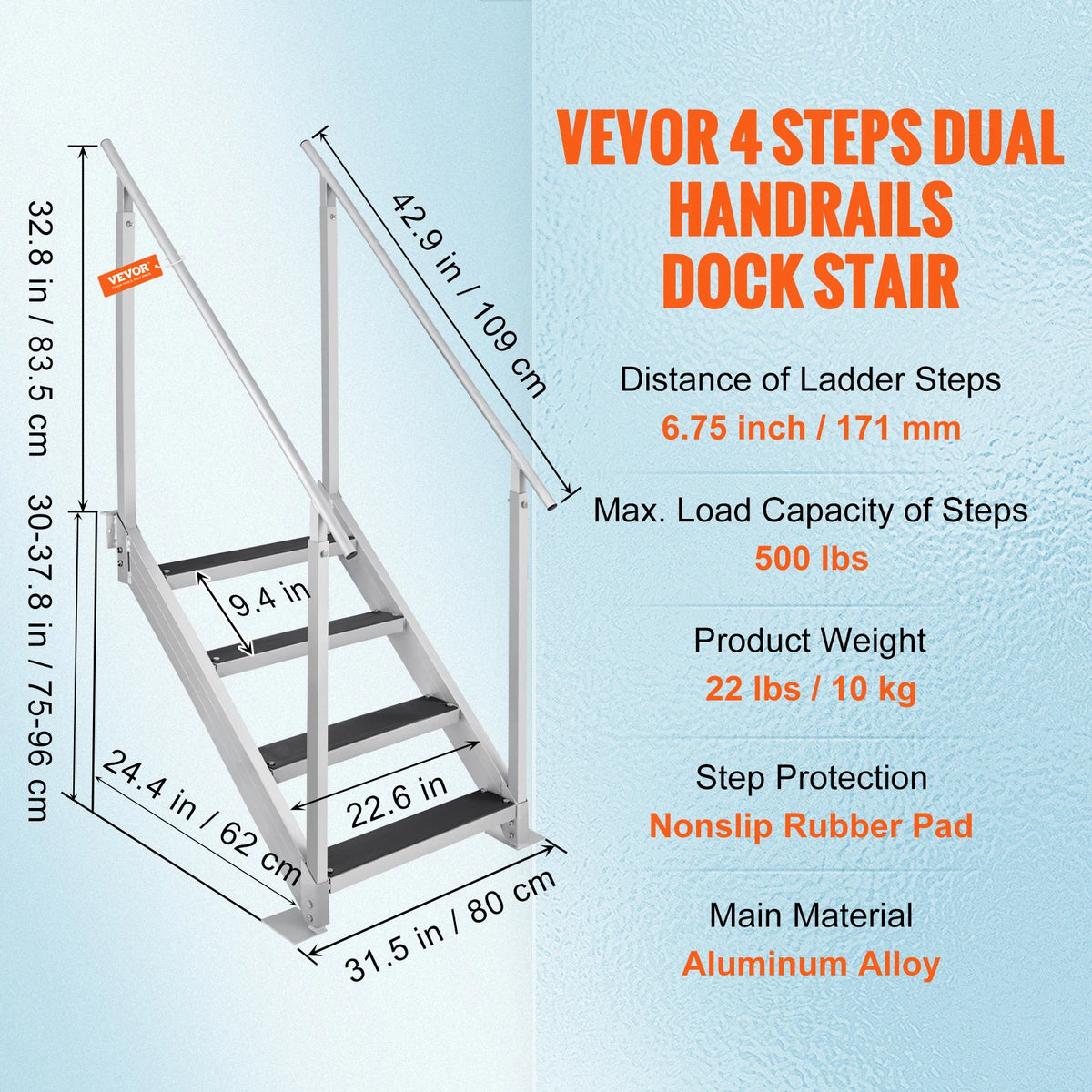 SucceBuy Escalera de muelle de pasamanos dobles de 4/6 escalones de aluminio con alfombrilla de goma de 30 "-39" de altura ajustable para piscina de embarque marina de lago