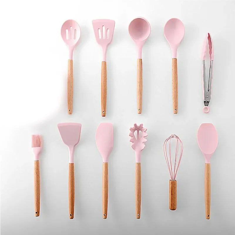 Utensilios de cocina de silicona con mango multifunción de madera, espátula antiadherente, cucharón, batidor de huevos, pala, rosa, nuevo