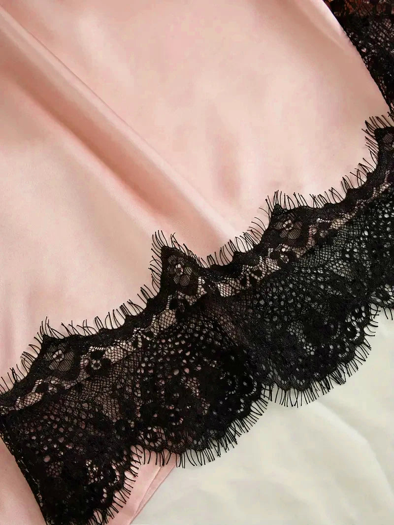 Conjunto de pijama de satén para mujer, lencería Sexy rosa, bata de baño de encaje de retazos, vestido de noche de seda, pantalones, ropa de dormir para el hogar