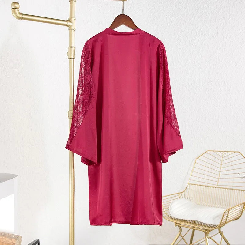 Sexy Intimate Lingerie Perspective Nightwear Lace Patchwork Home Wear Robe Suit Lady Kimono Gown Sleepwear Satin Nighty Bathrobe