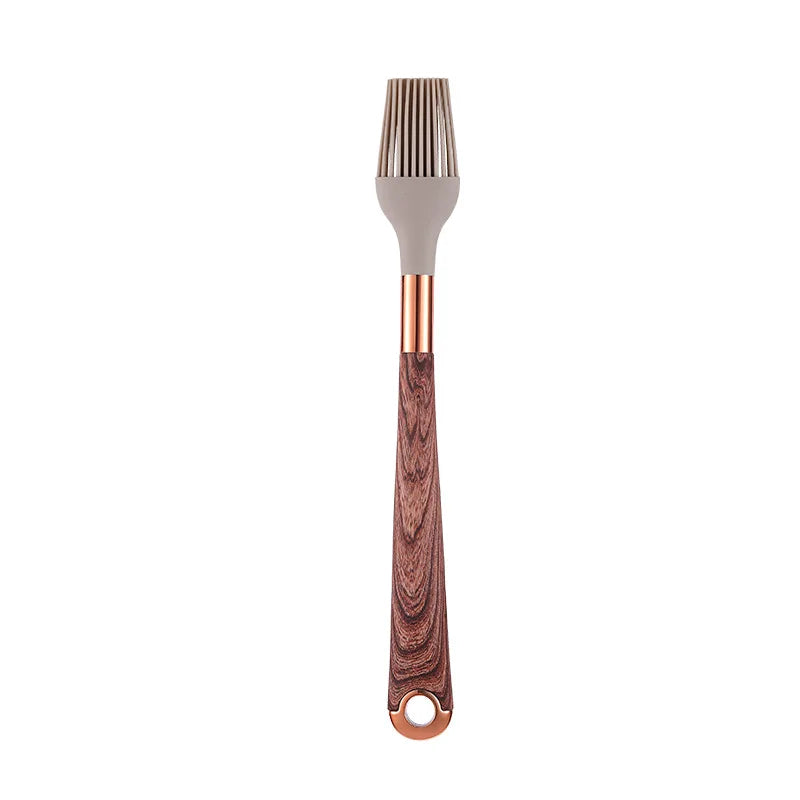 LMETJMA Juego de utensilios de cocina de silicona, 10 Uds., utensilio de cocina con soporte para utensilios, asas de patrón de madera, utensilios de cocina antiadherentes JT264