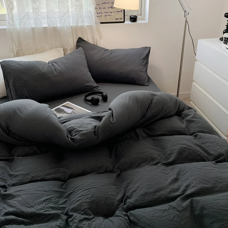 Juegos de fundas de edredón gris oscuro a la moda, fundas de edredón cepilladas, juegos de cama individual doble Queen, funda de almohada para niños, funda de edredón sólida