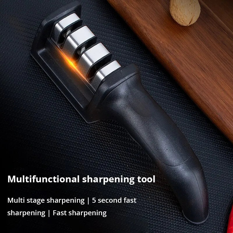 Afilador de cuchillos de tres segmentos para cocina, herramienta de cocina de piedra para afilar de tres usos, multifuncional, color negro, 1 ud.