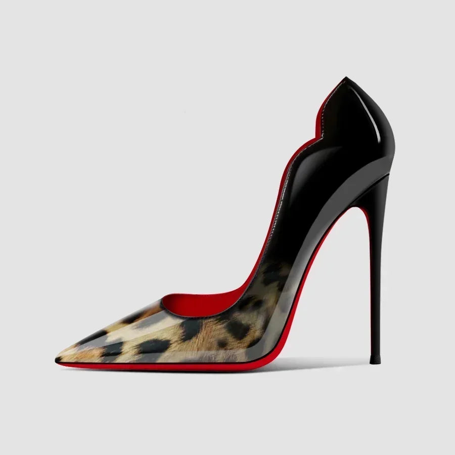 2025New gradiente fondo rojo tacones grandes Sexy patrón de leopardo puntiagudos zapatos profesionales de mujer negro graduación zapatos individuales