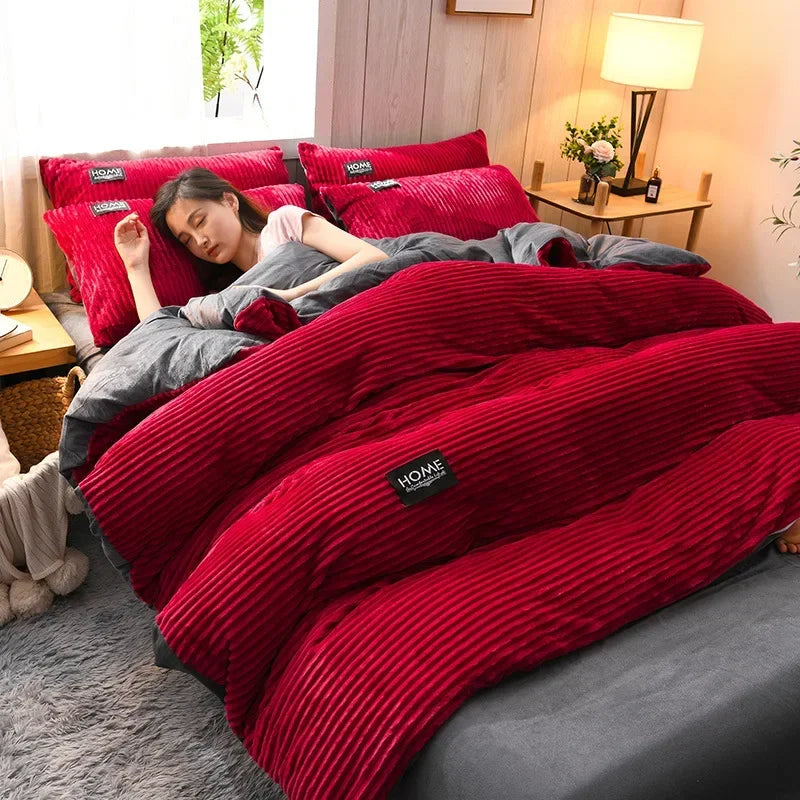 Funda nórdica gruesa de terciopelo de Color sólido, juego de cama cálido para invierno, funda de edredón doble, funda de edredón doble Queen King 220*240