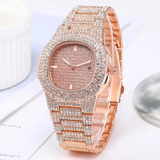 Relojes de Lujo para Hombre de Acero Inoxidable con Diamantes Completos, Reloj de Pulsera Deportivo de Cuarzo con Calendario