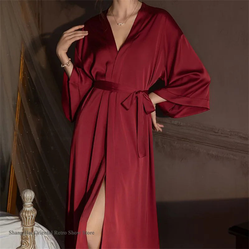 Elegante Conjunto de Bata Larga para Mujer, Lencería Sexy, Ropa de Dormir, Kimono Holgado, Bata de Baño, Vestido de Casa de Satén Sedoso, Ropa de Estar