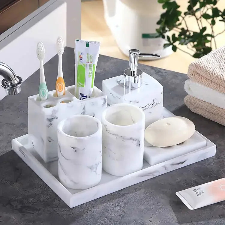 Juego de baño nórdico con diseño de mármol, accesorios de baño de resina, soporte para cepillo de dientes, dispensador de jabón, bandeja para platos