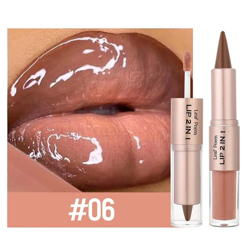 Lápiz Delineador de labios mate 2 en 1 de doble cabeza, resistente al agua, antiadherente, brillo de espejo, tinte de labios, brillo de labios marrón, maquillaje de lápiz labial
