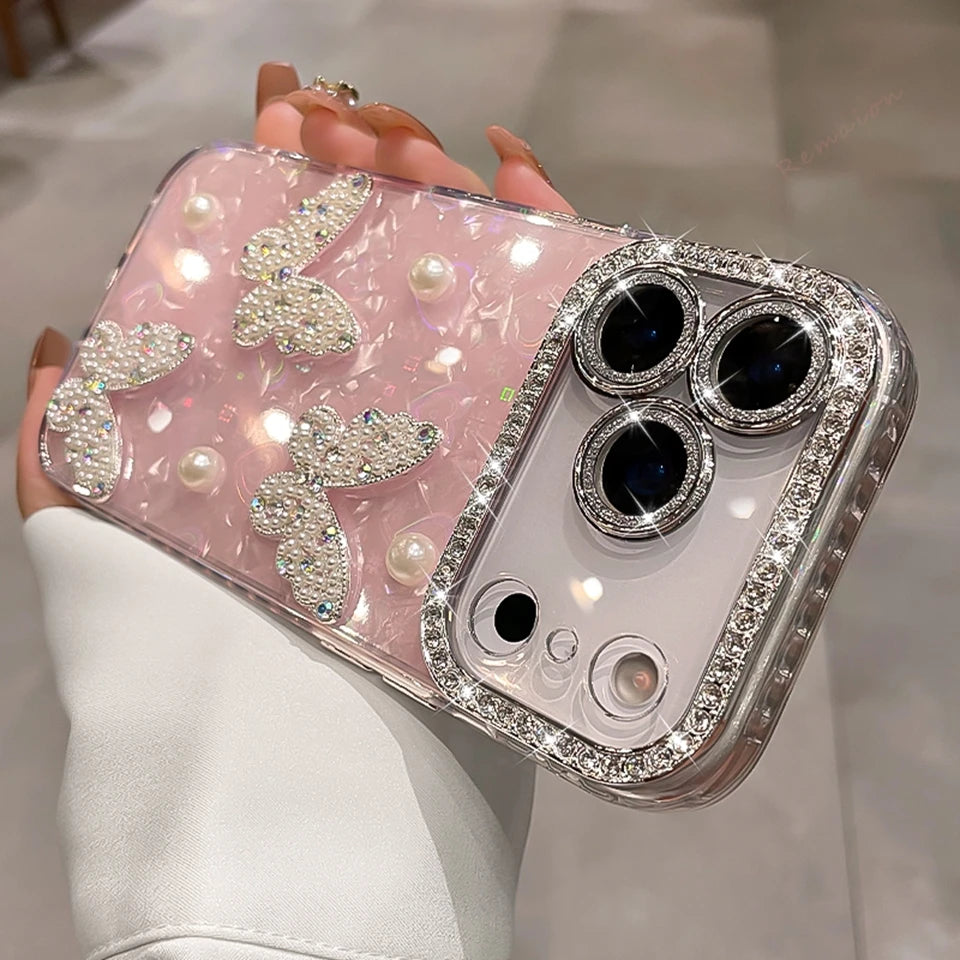 Funda de teléfono con purpurina y diamantes para iPhone 17 Air 11 12 13 16 Pro Max 15 14 16 Plus 17Pro Max, funda protectora de mariposa bonita