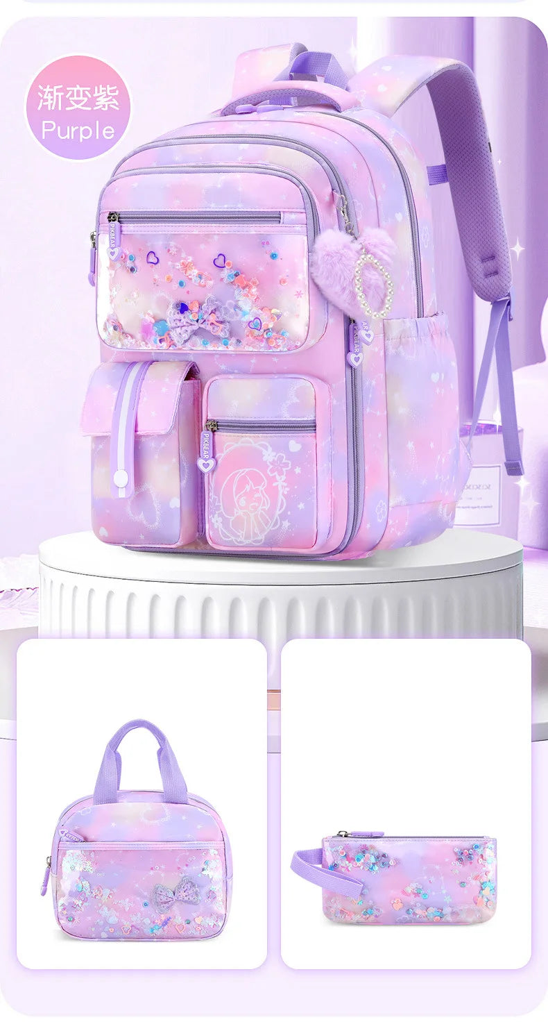 Mochila Escolar 2026 con Colgante de Amor, Juego de 3 Piezas, Decoración de Mariposas, Mochilas Escolares para Niñas, Estilo Princesa