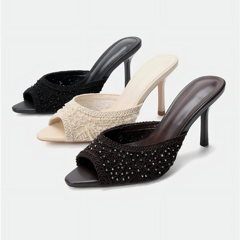 Aligaia 2026 Elegantes Sandalias de Tacón Alto para Mujer, con Cuentas, Punta Abierta, Casuales, de Diseñador, para Verano