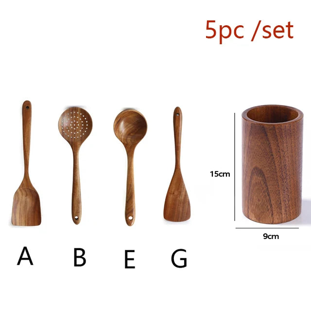 Cuchara de cocina de teca Natural, espátula de madera, juego de utensilios antiadherentes para cocinar con ganchos colgantes, herramienta de utensilios de cocina