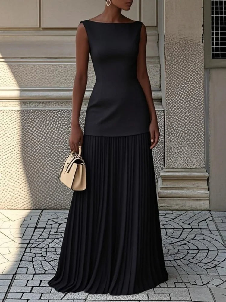 Conjunto de faldas plisadas de empalme liso elegante para mujer, vestido Sexy sin mangas con cuello oblicuo, vestido bohemio, faldas largas ajustadas huecas de verano