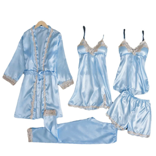 2025 Conjunto de pijamas de nuevo estilo con almohadillas para sujetador, pijamas de cinco piezas florales dorados con tiras sexis de seda, ropa de casa fina