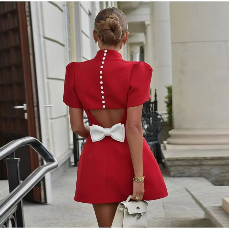Minivestido elegante con lazo blanco para mujer, vestidos cortos de lujo, vestidos informales negros y rojos para fiesta de noche, cumpleaños y verano