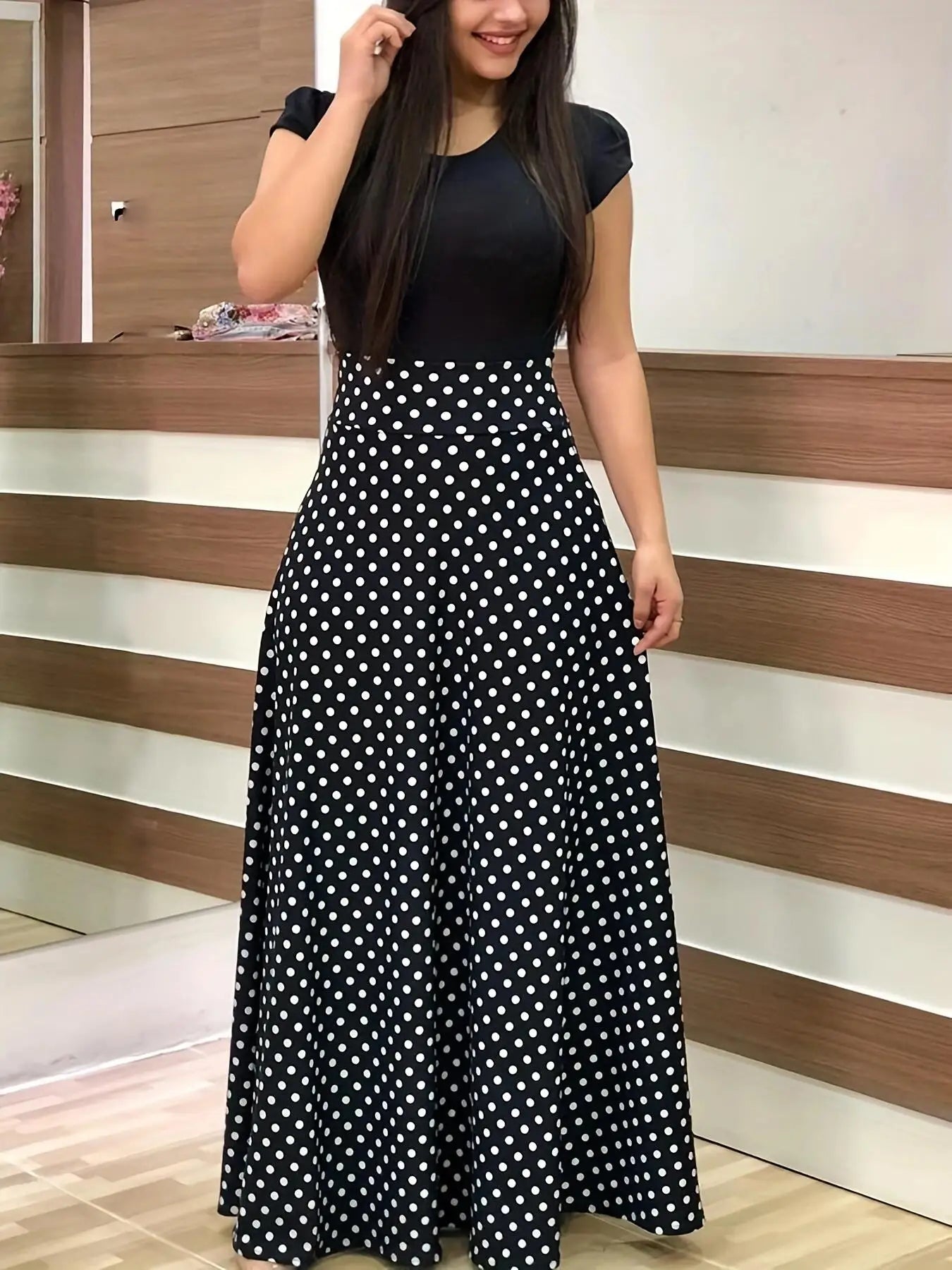 Vestido de manga corta a juego con estampado de flores de estilo europeo y americano para mujer, falda con vuelo grande, 2024