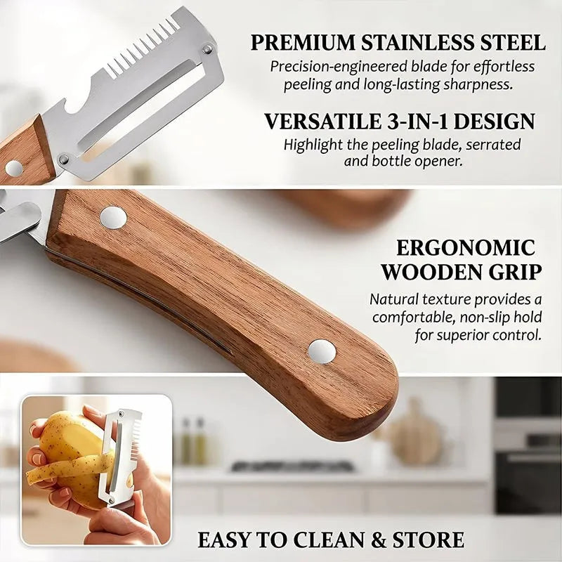 Juego de 2 peladores de cocina de acero inoxidable con mango de madera para pelar y cortar frutas y verduras, herramienta de cocina