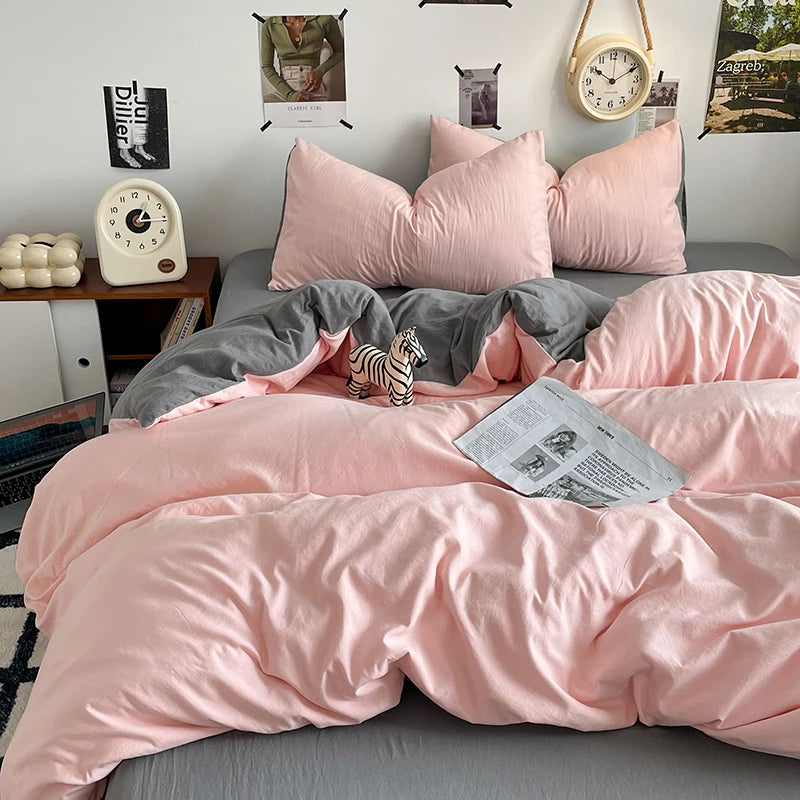 Funda nórdica de poliéster para dormitorio, juego de ropa de cama de 3 piezas, Color liso, rosa y gris, 2 fundas de almohada