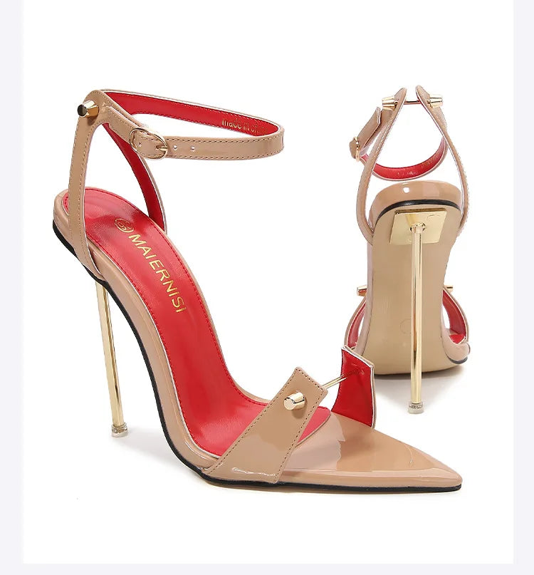 Sandalias de tacón alto con punta estrecha y decoración de Metal para mujer, zapatos de tacón súper alto con correa y hebilla de PU, zapatos de tacón para actuación en escenario de 12cm