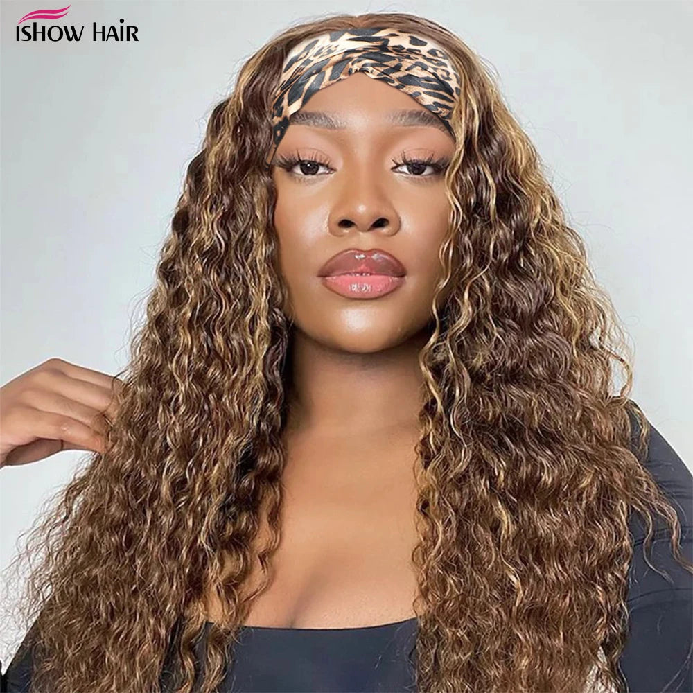 Peluca con diadema P4/27, cabello humano resaltado, pelucas de cabello humano rizado de onda profunda de 250 de densidad, peluca completa hecha a máquina de color rubio miel