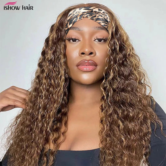 Peluca con diadema P4/27, cabello humano resaltado, pelucas de cabello humano rizado de onda profunda de 250 de densidad, peluca completa hecha a máquina de color rubio miel