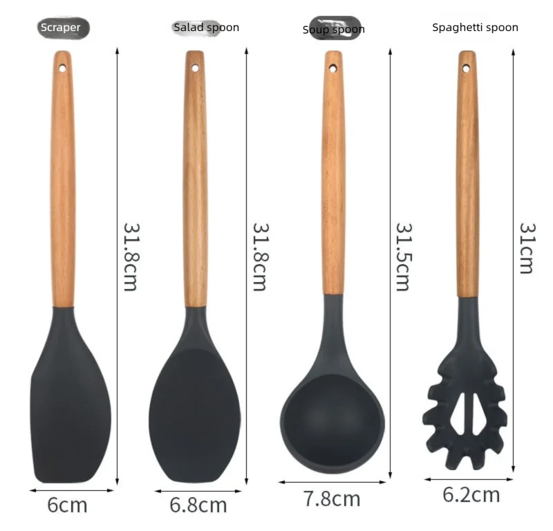 Juego de 12 utensilios de cocina de silicona con mango de madera, espátula antiadherente, cuchara para sopa y freír